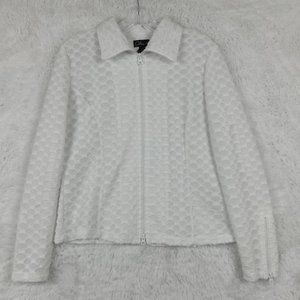 Clara S. Womens Jacket White Polka Dot‎ Full Zip Textured Collar Waist Length L